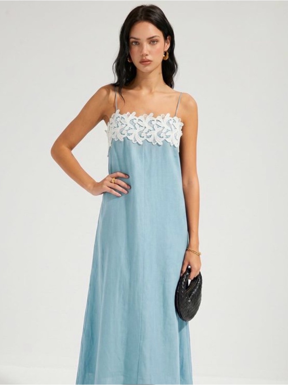 Commense Pale Blue Slip Dress with White Lace Trim